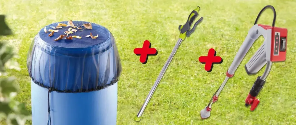 Mega-Angebot Jubiläums Set, Regenfasspumpe, Netz und Bewässerungsstab