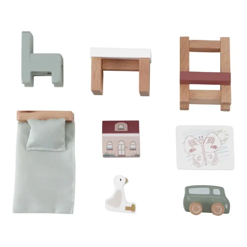 Little Dutch Puppenhaus Kinderzimmer: Möbel Set aus Holz mit Bett, Tisch & Spielzeug - Puppenstube erweitern Top-Preis