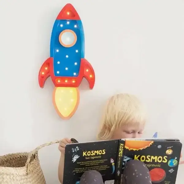 Little Lights Nachtlicht Kinder, Nachtlampe Raketenschiff - 100% Kiefernholz natur, Farbe: Marineblau/Rot Sonderaktion