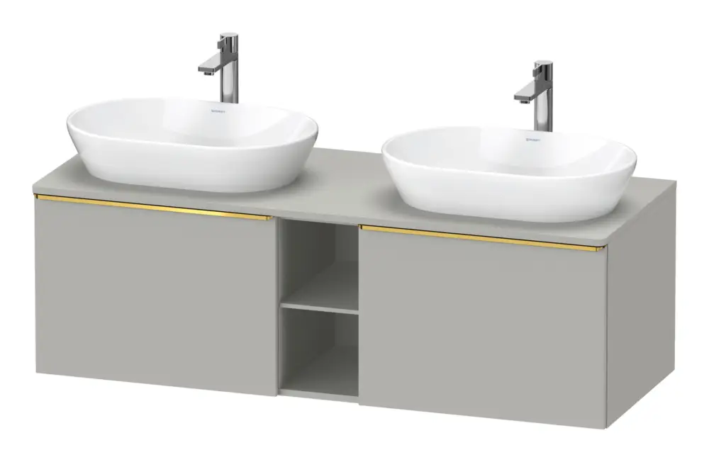Schneller Versand Duravit D-Neo Konsolenwaschtischunterschrank für 2 Becken mit 2 Auszügen und 2 Fächern Griff Gold Poliert 1400 x 459 x 550 mm - Betongrau Matt