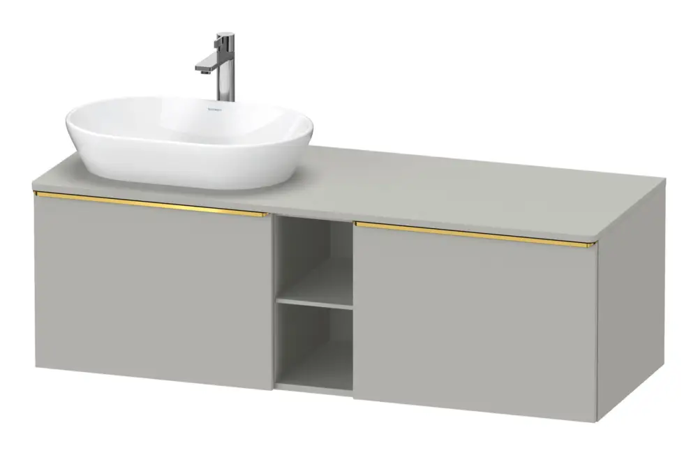 Sonderangebot Duravit D-Neo Konsolenwaschtischunterschrank für Becken links mit 2 Auszügen und 2 Fächern Griff Gold Poliert 1400 x 459 x 550 mm - Betongrau Matt