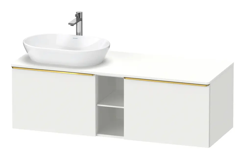 Markenware Duravit D-Neo Konsolenwaschtischunterschrank für Becken links mit 2 Auszügen und 2 Fächern Griff Gold Poliert 1400 x 459 x 550 mm - Weiß Matt