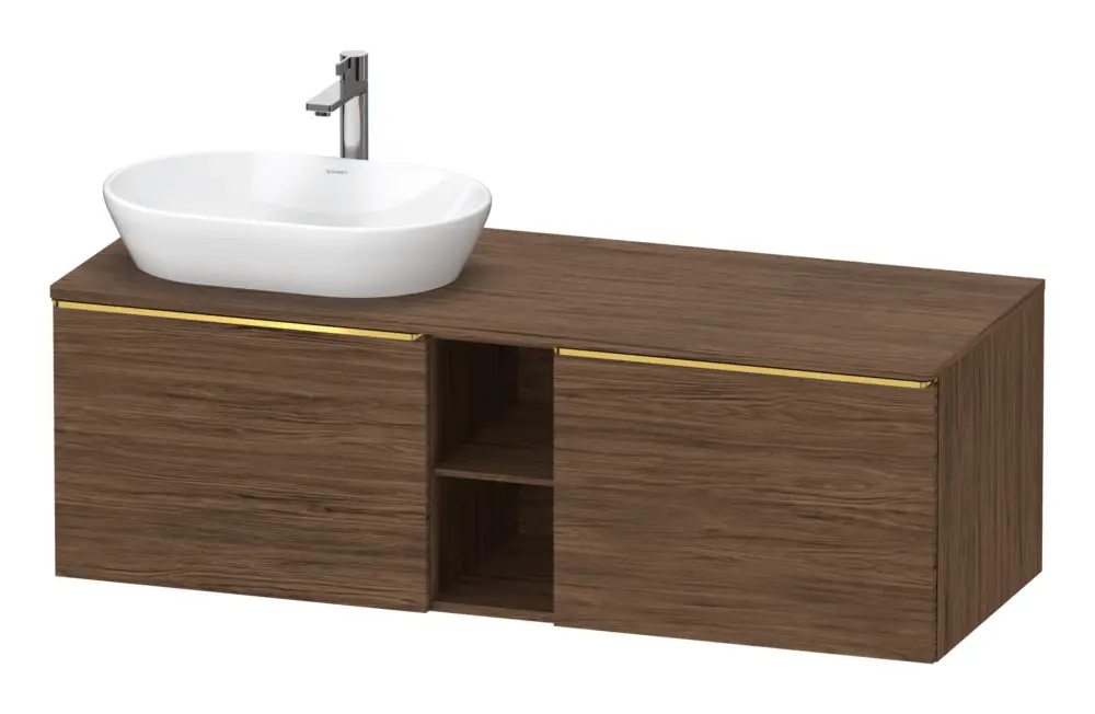 Duravit D-Neo Konsolenwaschtischunterschrank für Becken links mit 2 Auszügen und 2 Fächern Griff Gold Poliert 1400 x 459 x 550 mm - Nussbaum dunkel Matt Finale Aktion