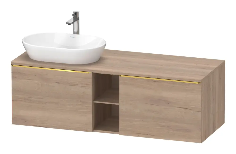 Schnäppchen Duravit D-Neo Konsolenwaschtischunterschrank für Becken links mit 2 Auszügen und 2 Fächern Griff Gold Poliert 1400 x 459 x 550 mm - Eiche Marmoriert Matt