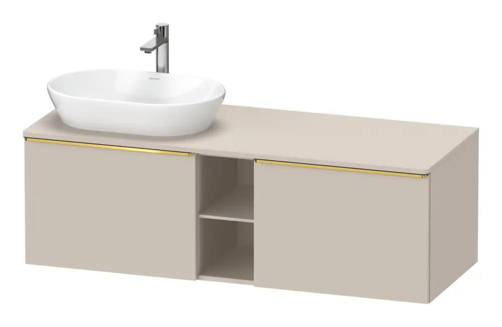 Duravit D-Neo Konsolenwaschtischunterschrank für Becken links mit 2 Auszügen und 2 Fächern Griff Gold Poliert 1400 x 459 x 550 mm - Taupe Matt Sofort Bestellen