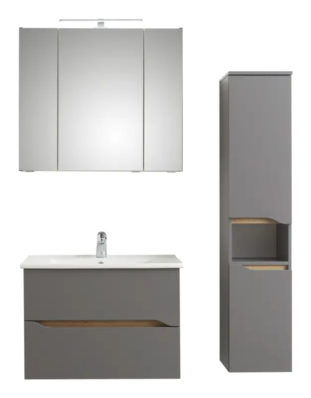 Abverkauf Pelipal Quickset 357 Komplett-Set Waschtischunterschrank Spiegelschrank Aufsatzleuchte Midischrank Keramikwaschtisch 750 mm - Quarzgrau Matt touch