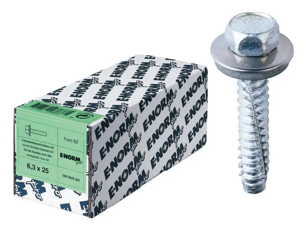 E-NORMpro Fassadenschraube Edelstahl A2 BZ 6,3 x 25 mm Dichtscheibe 16 mm(Verpackungseinheit: 100Stück) Preisreduziert