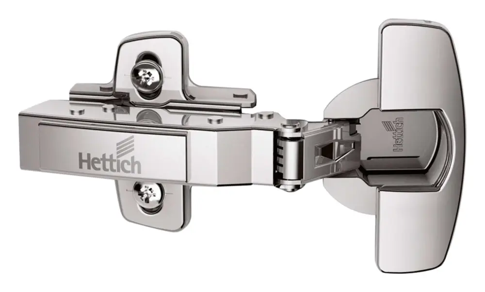 Aktuell Hettich Sensys 110°-Scharnier mit integrierter Dämpfung (8645i), vernickelt, vorliegend, zum Anschrauben