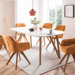 SalesFever Essgruppe, 5 tlg. 180 x 90 cm - Bezug Samtvelours Gold, Gestell Natur, Tisch Weiß Sichere Zahlung