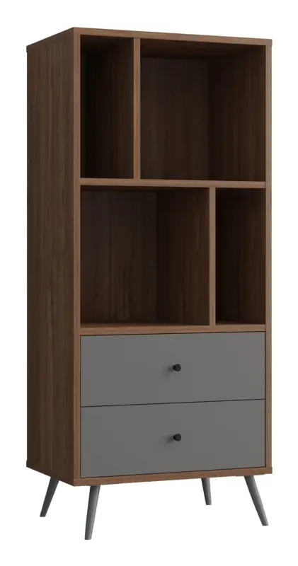 Wochenendangebot SalesFever Bücherregal mit 4 Fächern und 2 Schubladen - MDF Holz Walnuss/Grau