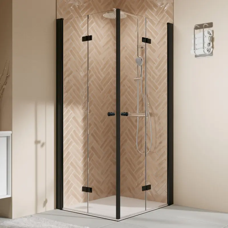 Breuer Elana 2.0 rund Black Edition Eckeinstieg Drehfalttür 4-teilig Klarglas hell 75 x 80 cm - Schwarz matt Begrenztes Angebot
