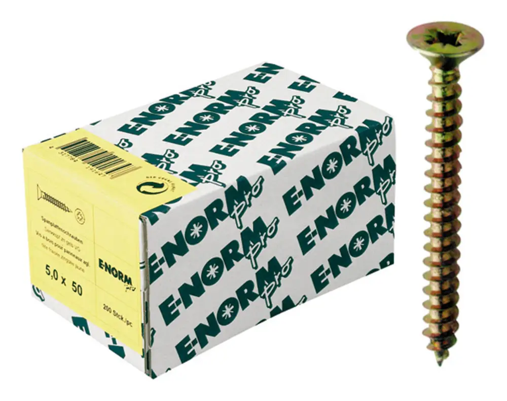 E-NORMpro Spanplattenschrauben Senkkopf verzinkt gelb Vollgewinde Kreuzschlitz PZ D 5 x 70 mm(Verpackungseinheit: 200Stück) Neue Kollektion