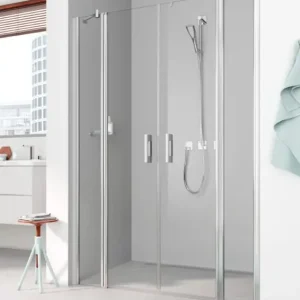 Zertifiziert Kermi Pega Pendeltür 2-teilig mit 2 Festfeldern für Nische oder Seitenwand Milchglas SR Opaco mit Beschichtung KermiClean Anschlag frei wählbar Silber Hochglanz Montage auf Duschwanne 160 cm x 185 cm