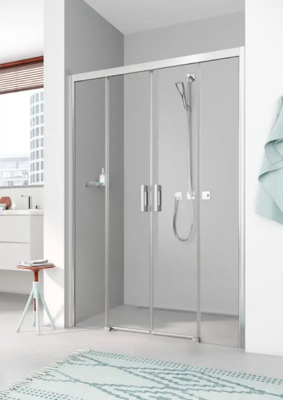 Kermi Pega Gleittür 4-teilig bodenfrei mit Festfeldern für Nische oder Seitenwand Milchglas SR Opaco Anschlag frei wählbar Silber Hochglanz Montage auf Duschwanne 120 cm x 185 cm Sofort Bestellen