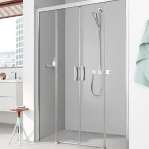 Aktuell Kermi Pega Gleittür 4-teilig bodenfrei mit Festfeldern für Nische oder Seitenwand Milchglas SR Opaco Anschlag frei wählbar Silber Hochglanz Montage auf Duschwanne 170 cm x 185 cm