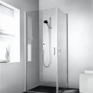 Abverkauf Kermi Liga Eckeinstieg Halbteil mit Pendeltür Klarglas hell mit Beschichtung KermiClean Anschlag links Silber mattglanz Montage bodengleich 78 cm x 200 cm