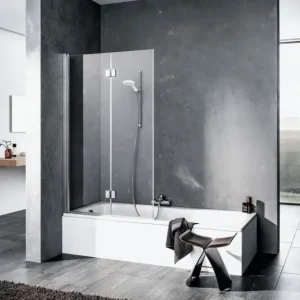Aktuell Kermi Liga Badewannenaufsatz Faltwand 2-flügelig Klarglas hell Anschlag links Silber mattglanz Montage auf Badewanne 100 cm x 150 cm
