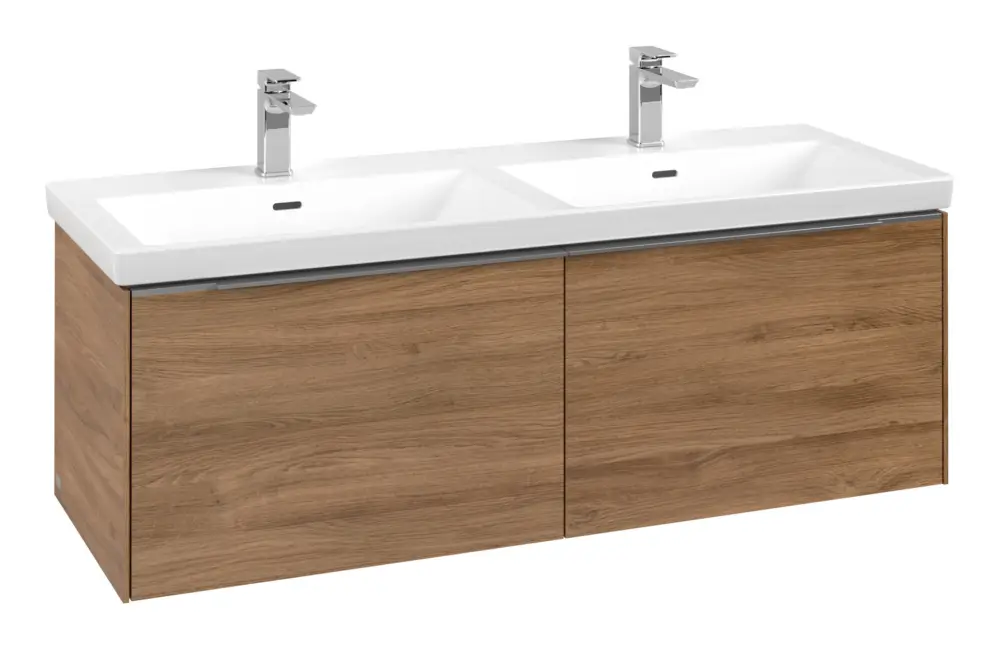 Angebot Villeroy & Boch Subway 3.0 Waschbeckenunterschrank für Doppelwaschtisch 2 Auszüge 1272 x 429 x 462 mm - Kansas Oak / Aluminium glänzend