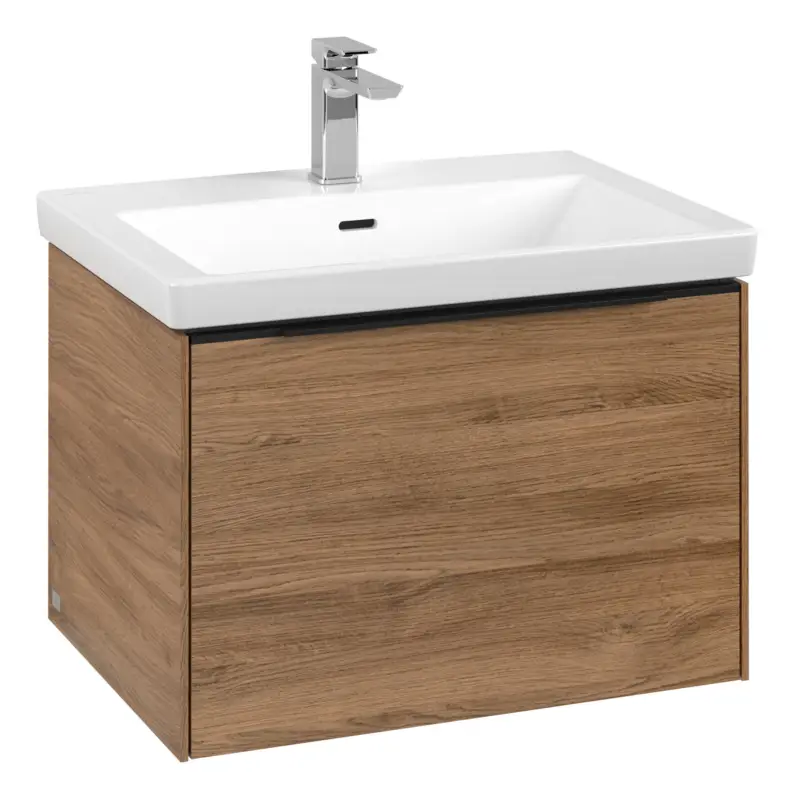 Villeroy & Boch Subway 3.0 Waschbeckenunterschrank für Becken mittig 1 Auszug mit Beleuchtung (2x LED) 622 x 429 x 462 mm - Kansas Oak / Volcano Black Highlight