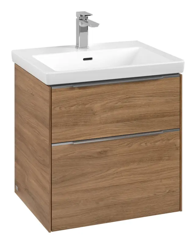 Angebot Villeroy & Boch Subway 3.0 Waschbeckenunterschrank für Becken mittig 2 Auszüge mit Beleuchtung (2x LED) 572 x 576 x 462 mm - Kansas Oak / Aluminium glänzend