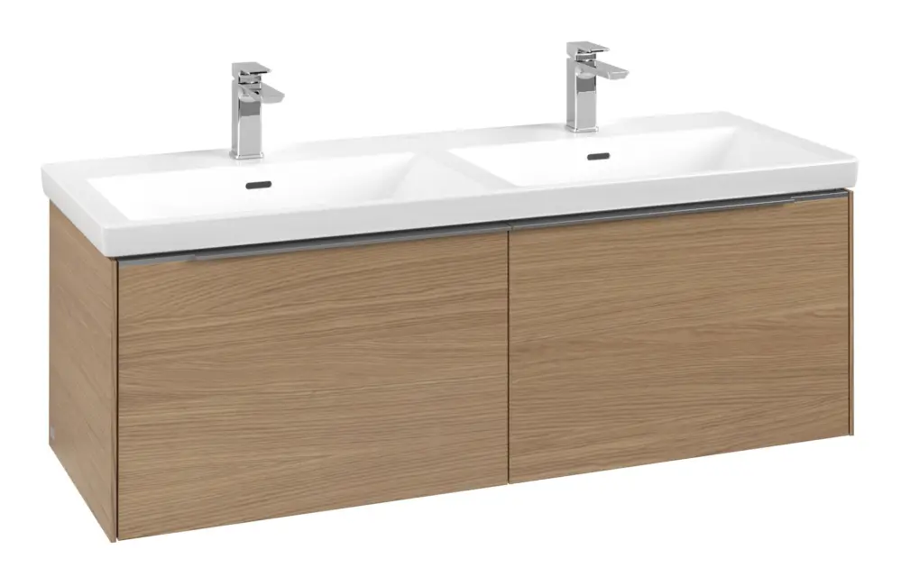 Top-Seller Villeroy & Boch Subway 3.0 Waschbeckenunterschrank für Doppelwaschtisch 2 Auszüge mit Beleuchtung 1272 x 429 x 462 mm - Nordic Oak / Aluminium glänzend