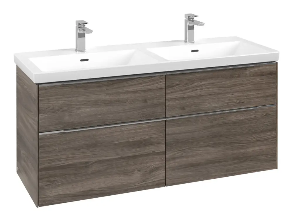 Begrenztes Angebot Villeroy & Boch Subway 3.0 Waschbeckenunterschrank für Doppelwaschtisch 4 Auszüge mit Beleuchtung 1272 x 576 x 462 mm - Stone Oak / Aluminium glänzend