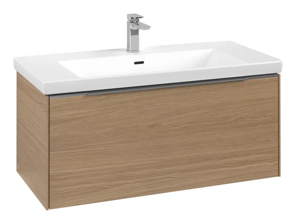 Aktuell Villeroy & Boch Subway 3.0 Waschbeckenunterschrank für Becken mittig 1 Auszug mit Beleuchtung (2x LED) 973 x 429 x 462 mm - Nordic Oak / Aluminium glänzend