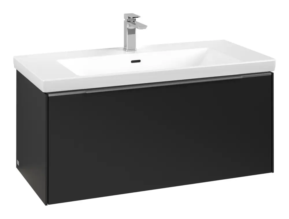 Begrenztes Angebot Villeroy & Boch Subway 3.0 Waschbeckenunterschrank für Becken mittig 1 Auszug mit Beleuchtung (2x LED) 973 x 429 x 462 mm - Volcano Black / Aluminium glänzend