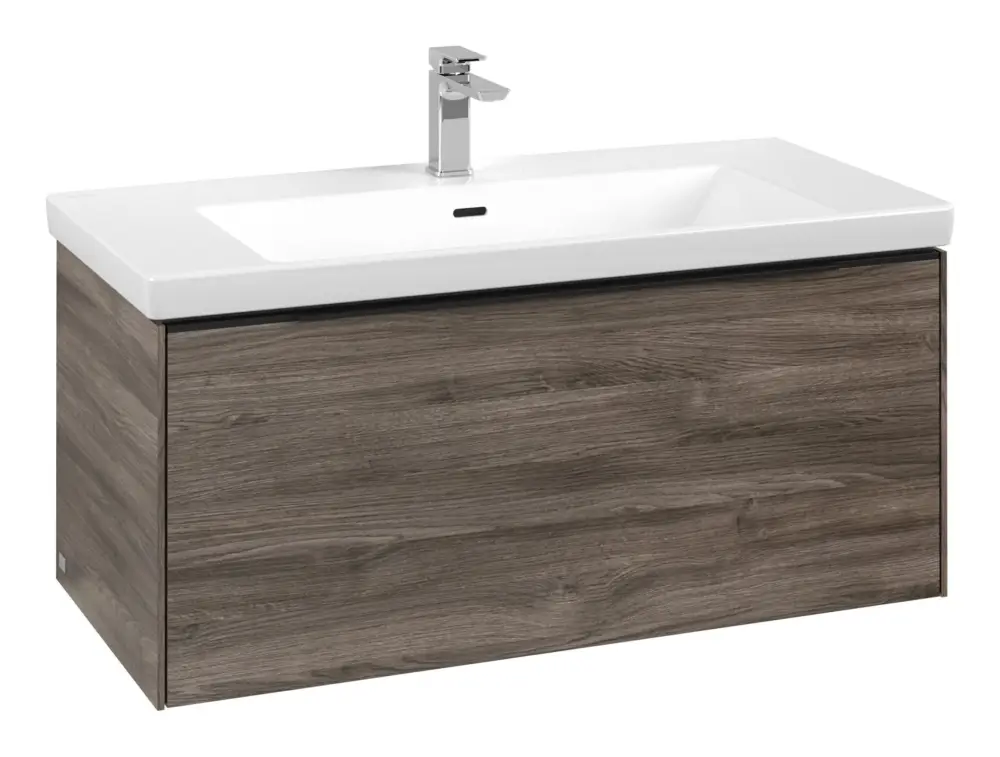 Günstig Villeroy & Boch Subway 3.0 Waschbeckenunterschrank für Becken mittig 1 Auszug mit Beleuchtung (2x LED) 973 x 429 x 462 mm - Stone Oak / Volcano Black