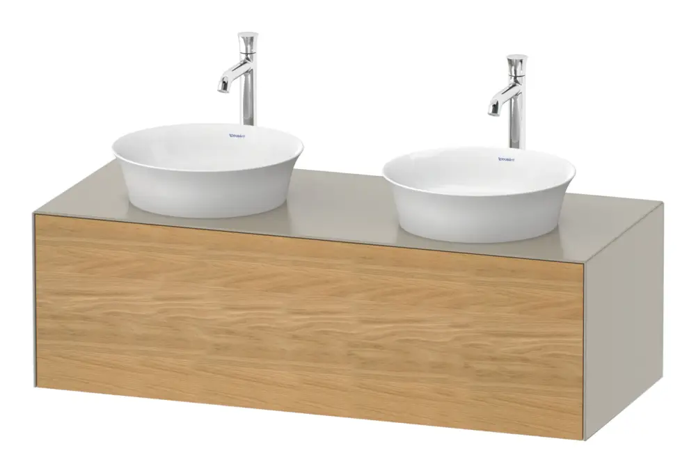 Aktuell Duravit White Tulip Konsolenwaschtischunterschrank für 2 Becken wandhängend mit 1 Auszug 1300 x 408 x 550 mm - Eiche Natur Matt / Taupe Seidenmatt