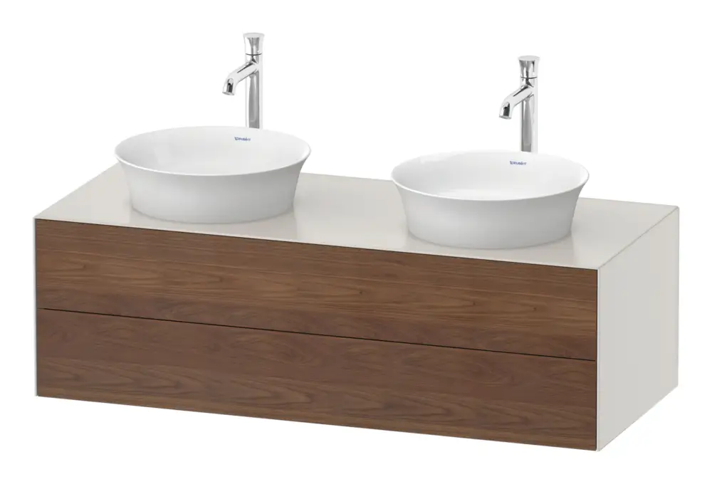 Jetzt Kaufen Duravit White Tulip Konsolenwaschtischunterschrank für 2 Becken wandhängend mit 2 Auszügen 1300 x 408 x 550 mm - Amerik. Nussbaum Matt / Nordic Weiß Seidenmatt Lack