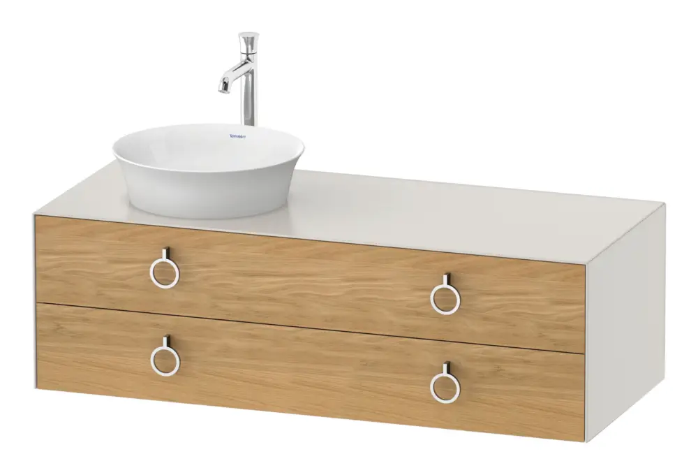 Duravit White Tulip Konsolenwaschtischunterschrank für Becken links wandhängend mit 2 Auszügen mit Griff 1300 x 408 x 550 mm - Eiche Natur Matt / Nordic Weiß Seidenmatt Lack Top-Seller