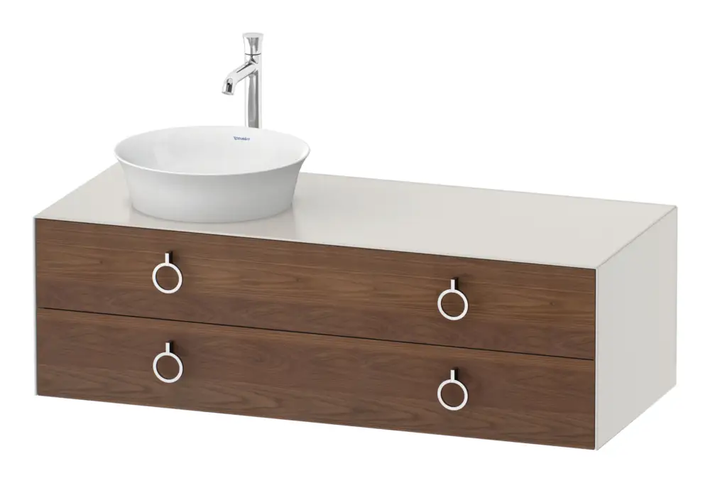 Duravit White Tulip Konsolenwaschtischunterschrank für Becken links wandhängend mit 2 Auszügen mit Griff 1300 x 408 x 550 mm - Amerik. Nussbaum Matt / Nordic Weiß Seidenmatt Lack Top-Preis