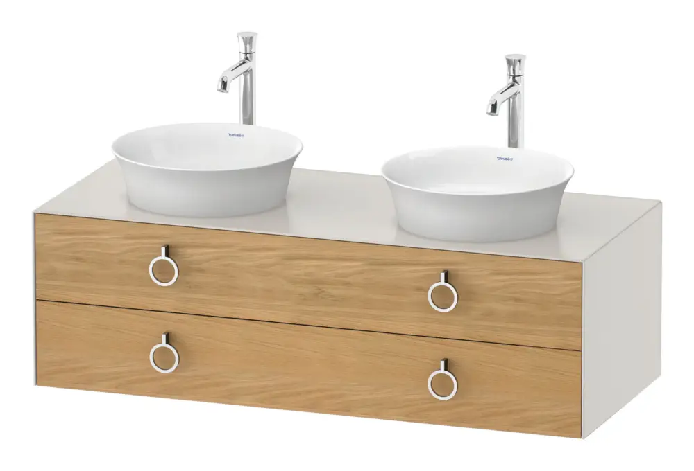 Letzte Chance Duravit White Tulip Konsolenwaschtischunterschrank für 2 Becken mit 2 Auszügen mit Griff 1300 x 408 x 550 mm - Eiche Natur Matt / Nordic Weiß Seidenmatt Lack