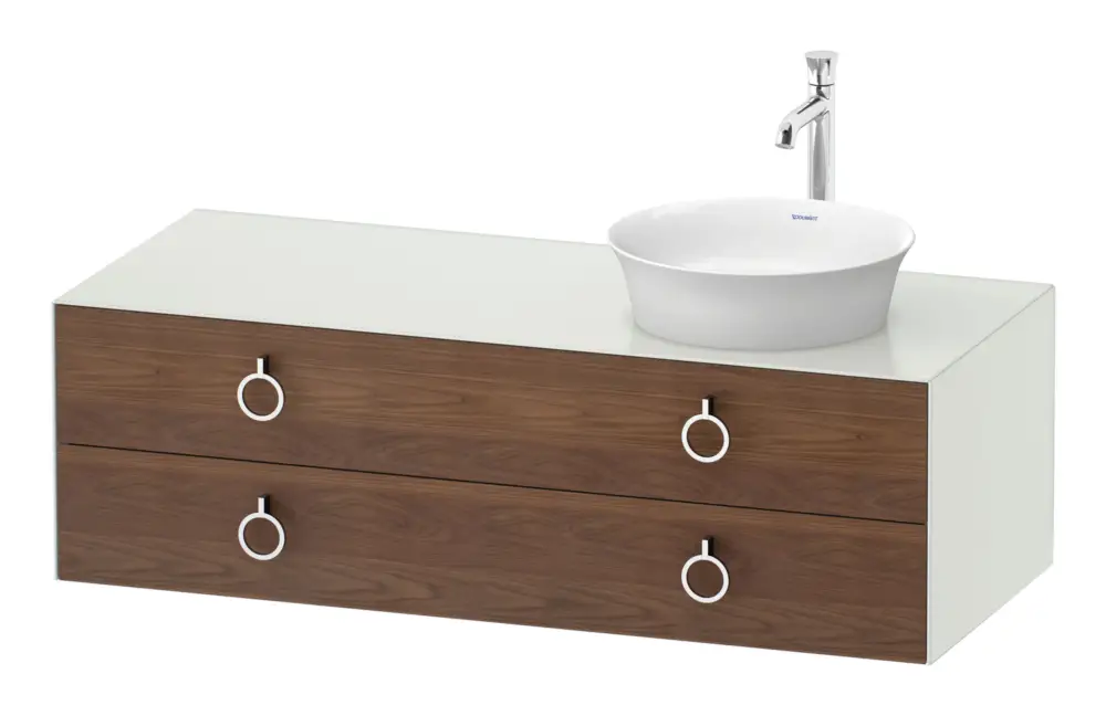 Letzte Chance Duravit White Tulip Konsolenwaschtischunterschrank für Becken rechts wandhängend mit 2 Auszügen mit Griff 1300 x 408 x 550 mm - Amerik. Nussbaum Matt / Weiß Seidenmatt Lack