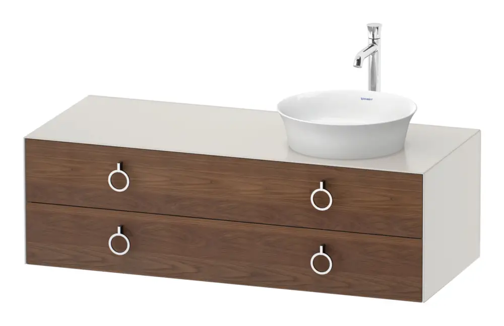 Angebot Duravit White Tulip Konsolenwaschtischunterschrank für Becken rechts wandhängend mit 2 Auszügen mit Griff 1300 x 408 x 550 mm - Amerik. Nussbaum Matt / Nordic Weiß Seidenmatt Lack