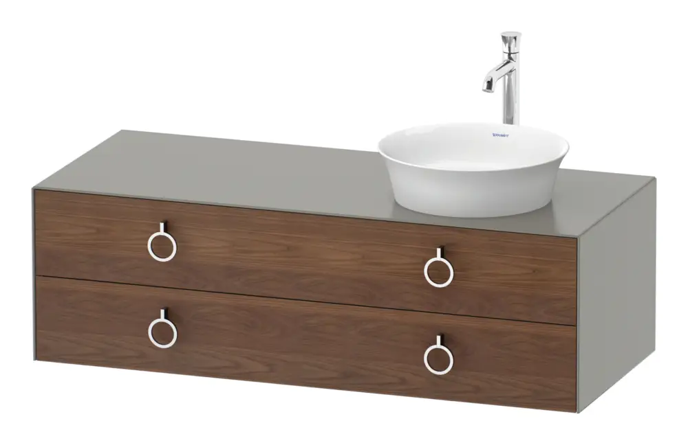 Schnäppchen Duravit White Tulip Konsolenwaschtischunterschrank für Becken rechts wandhängend mit 2 Auszügen mit Griff 1300 x 408 x 550 mm - Amerik. Nussbaum Matt / Steingrau Seidenmatt Lack