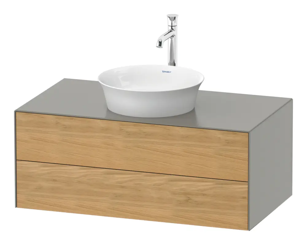 Neue Ware Duravit White Tulip Konsolenwaschtischunterschrank wandhängend mit 2 Auszügen 1000 x 408 x 550 mm - Eiche Natur Matt / Steingrau Seidenmatt Lack