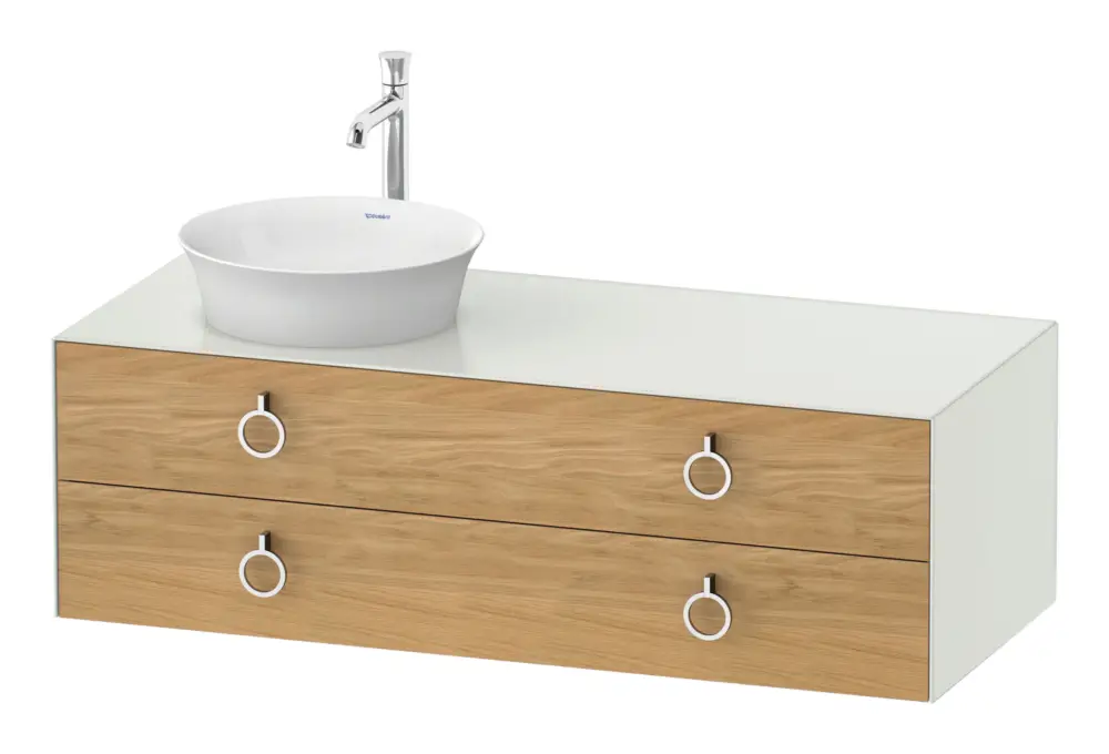 Wochenendangebot Duravit White Tulip Konsolenwaschtischunterschrank für Becken links wandhängend mit 2 Auszügen mit Griff 1300 x 408 x 550 mm - Eiche Natur Matt / Weiß Seidenmatt Lack