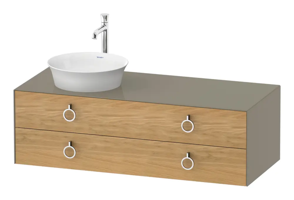 Meistverkauft Duravit White Tulip Konsolenwaschtischunterschrank für Becken links wandhängend mit 2 Auszügen mit Griff 1300 x 408 x 550 mm - Eiche Natur Matt / Steingrau Hochglanz Lack