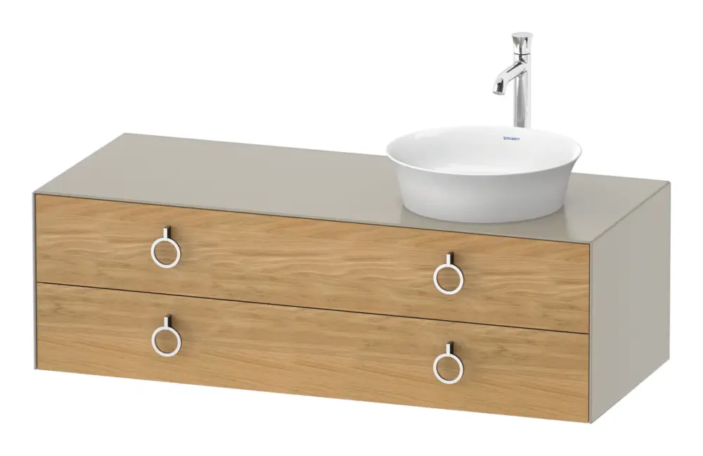 Beliebt Duravit White Tulip Konsolenwaschtischunterschrank für Becken rechts wandhängend mit 2 Auszügen mit Griff 1300 x 408 x 550 mm - Eiche Natur Matt / Taupe Seidenmatt