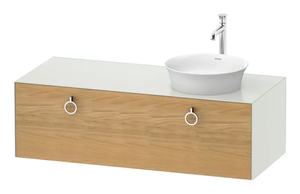 Garantierte Lieferung Duravit White Tulip Konsolenwaschtischunterschrank für Becken rechts wandhängend mit 1 Auszug mit Griff 1300 x 408 x 550 mm - Eiche Natur Matt / Weiß Seidenmatt Lack