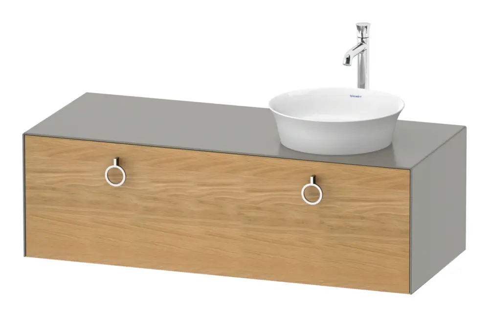 Jetzt Bestellen Duravit White Tulip Konsolenwaschtischunterschrank für Becken rechts wandhängend mit 1 Auszug mit Griff 1300 x 408 x 550 mm - Eiche Natur Matt / Steingrau Seidenmatt Lack