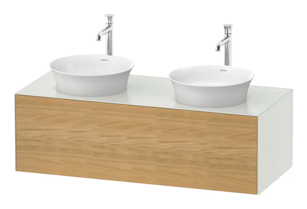 Beliebt Duravit White Tulip Konsolenwaschtischunterschrank für 2 Becken wandhängend mit 1 Auszug 1300 x 408 x 550 mm - Eiche Natur Matt / Weiß Seidenmatt Lack