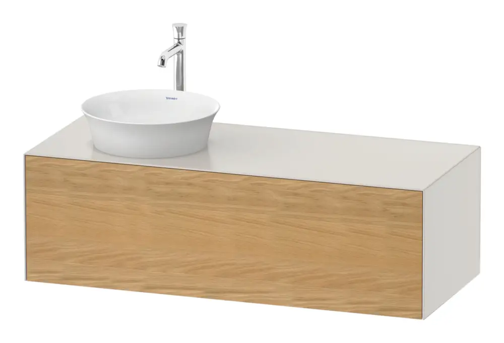 Preisreduziert Duravit White Tulip Konsolenwaschtischunterschrank für Becken links wandhängend mit 1 Auszug 1300 x 408 x 550 mm - Eiche Natur Matt / Nordic Weiß Seidenmatt Lack