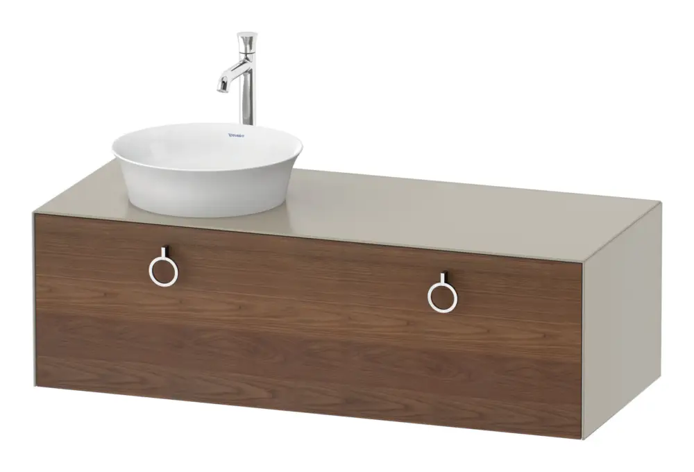 Duravit White Tulip Konsolenwaschtischunterschrank für Becken links wandhängend mit 1 Auszug mit Griff 1300 x 408 x 550 mm - Amerik. Nussbaum Matt / Taupe Seidenmatt Expressversand