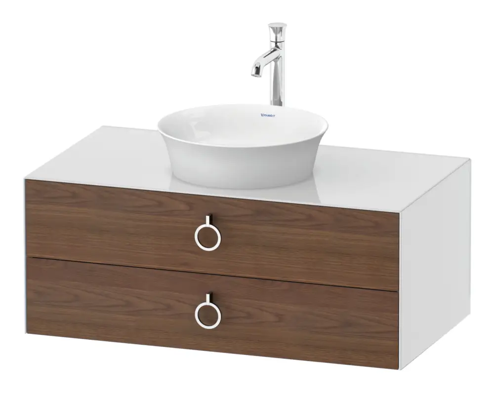 Markenprodukt Duravit White Tulip Konsolenwaschtischunterschrank wandhängend mit 2 Auszügen mit Griff 1000 x 408 x 550 mm - Amerik. Nussbaum Matt / Weiß Hochglanz