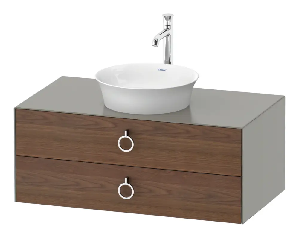 Direktkauf Duravit White Tulip Konsolenwaschtischunterschrank wandhängend mit 2 Auszügen mit Griff 1000 x 408 x 550 mm - Amerik. Nussbaum Matt / Steingrau Seidenmatt Lack