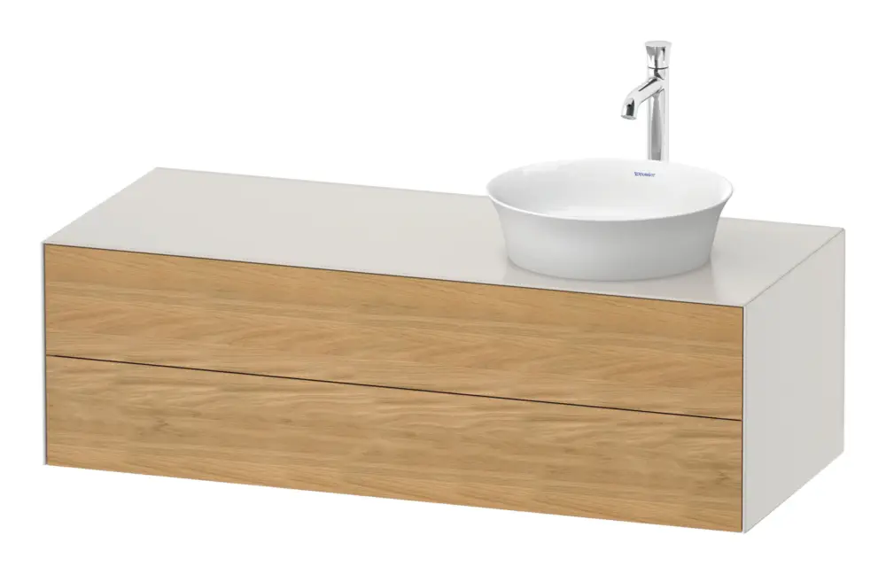 Must-Have Duravit White Tulip Konsolenwaschtischunterschrank für Becken rechts wandhängend mit 2 Auszügen 1300 x 408 x 550 mm - Eiche Natur Matt / Nordic Weiß Seidenmatt Lack