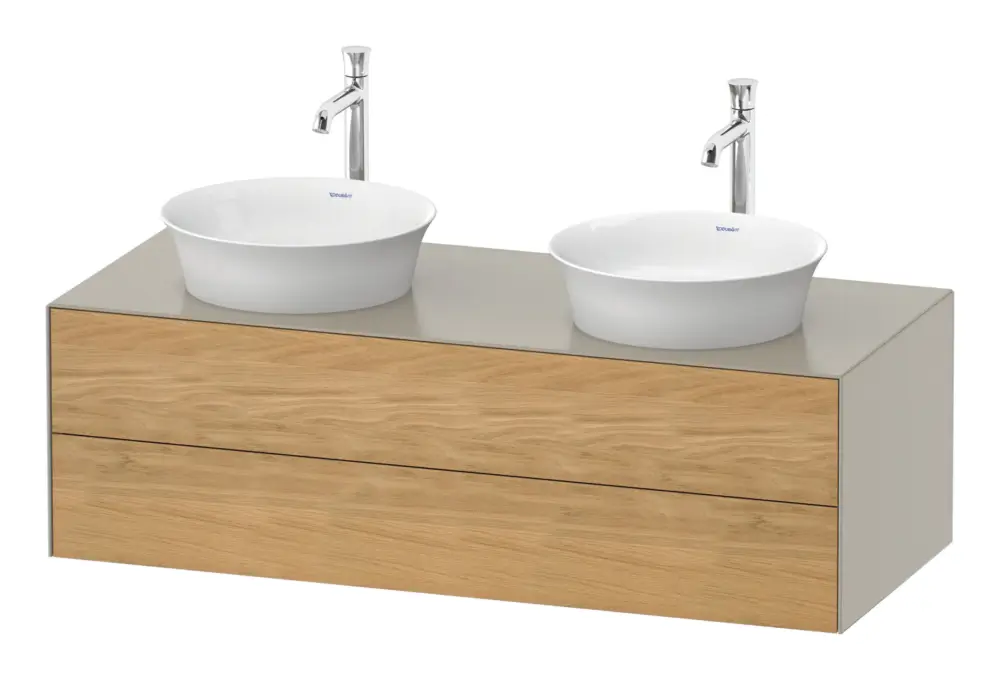 Direktkauf Duravit White Tulip Konsolenwaschtischunterschrank für 2 Becken wandhängend mit 2 Auszügen 1300 x 408 x 550 mm - Eiche Natur Matt / Taupe Seidenmatt